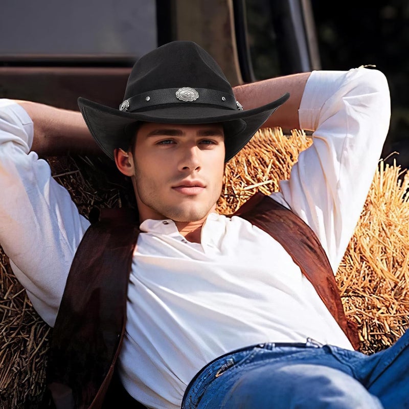 Sansths قبعات رعاة البقر للرجال والنساء قبعة رعاة البقر بحد واسع قبعات مصنوعة من اللباد قبعات رعاة البقر الجلدية للحب - Image 2